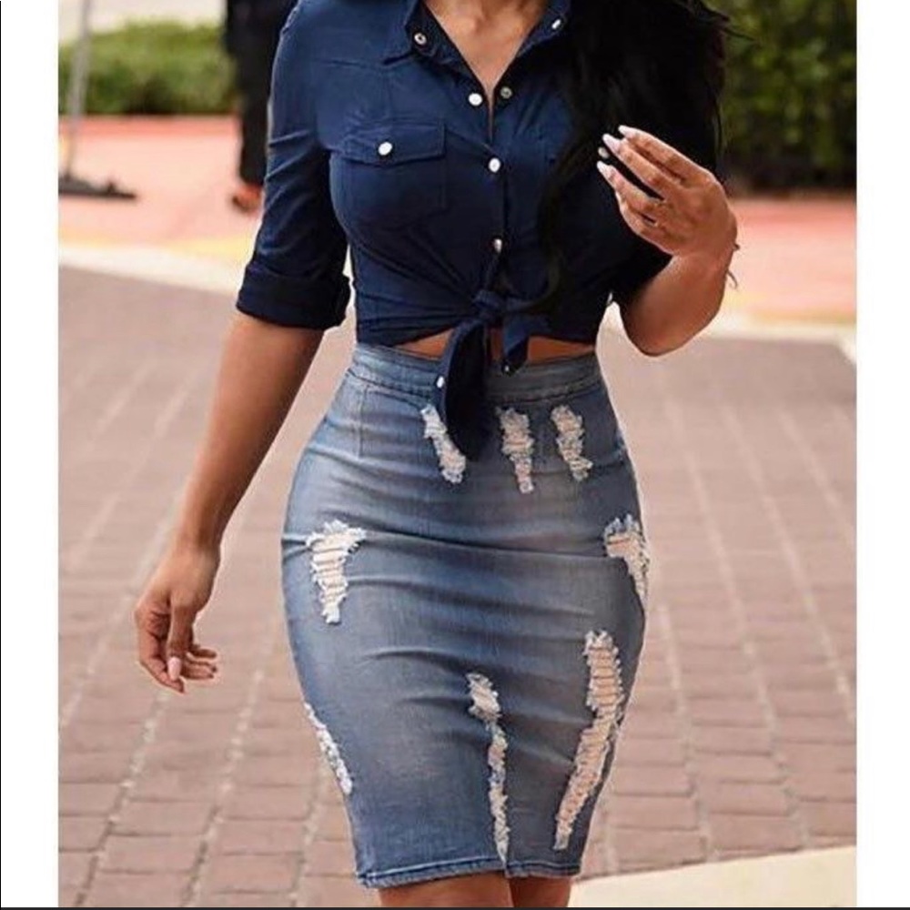 Distressed Midi Denim Skirt